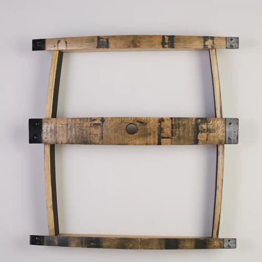 3-tiered barrel stave shelf with black metal accents