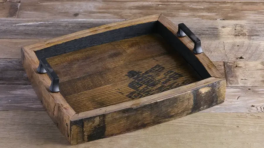Empty whiskey barrel serving tray with metal handles