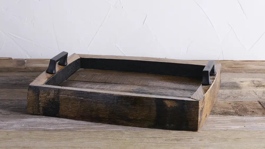 side view of whiskey barrel serving tray