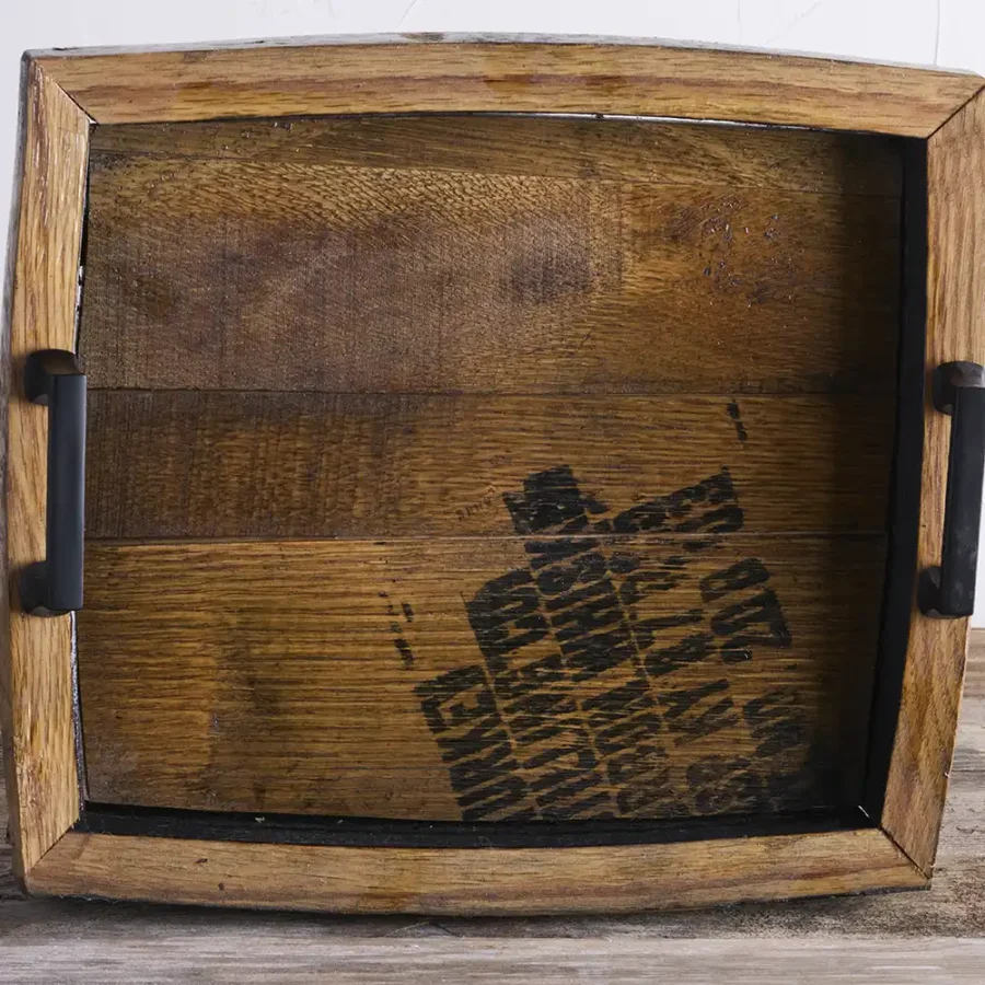 top down view of whiskey barrel serving tray featuring a Wild Turkey stamp