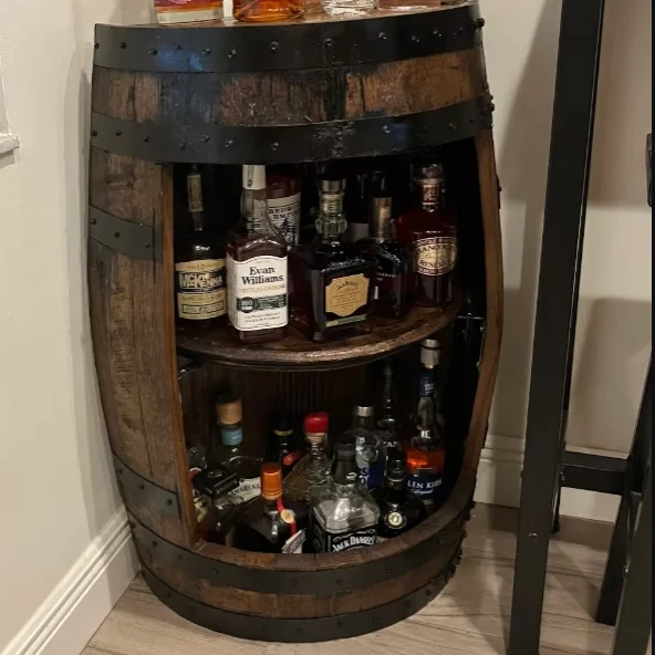 Half whiskey barrel cabinet with walnut finish