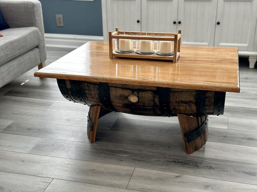 Bourbon Barrel coffee table with solid oak top