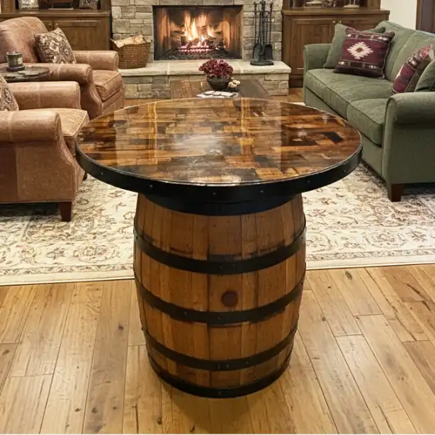 Barrel with table made from epoxy resin and barrel staves