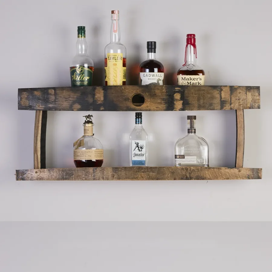 2-tiered barrel stave shelf with bottles on both shelves
