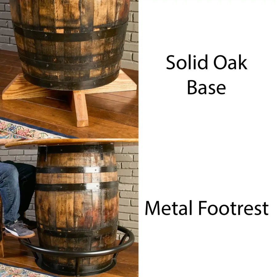 A metal footrest and oak base made to fit a barrel table.