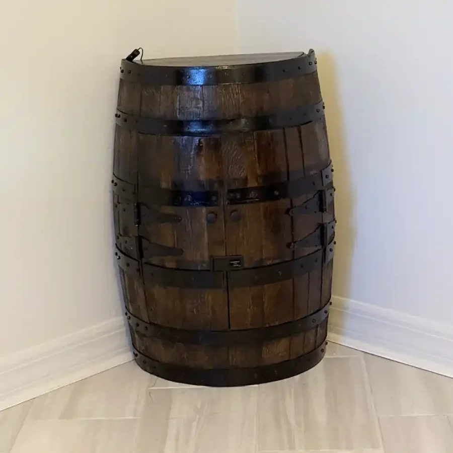 Whiskey barrel cabinet with doors closed